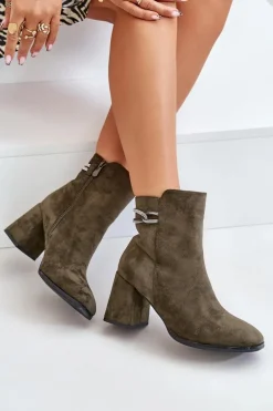 Sale Ocieplane Botki Damskie Na Słupku Eko Zamszowe Ciemnozielone Saivia Damskie Brązowe I Beżowe Botki|Botki Na Obcasie