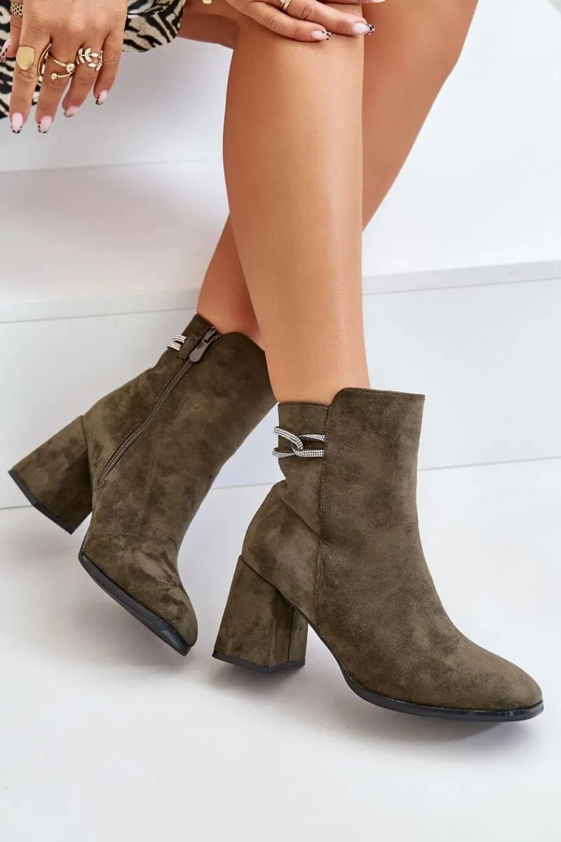 Sale Ocieplane Botki Damskie Na Słupku Eko Zamszowe Ciemnozielone Saivia Damskie Brązowe I Beżowe Botki|Botki Na Obcasie