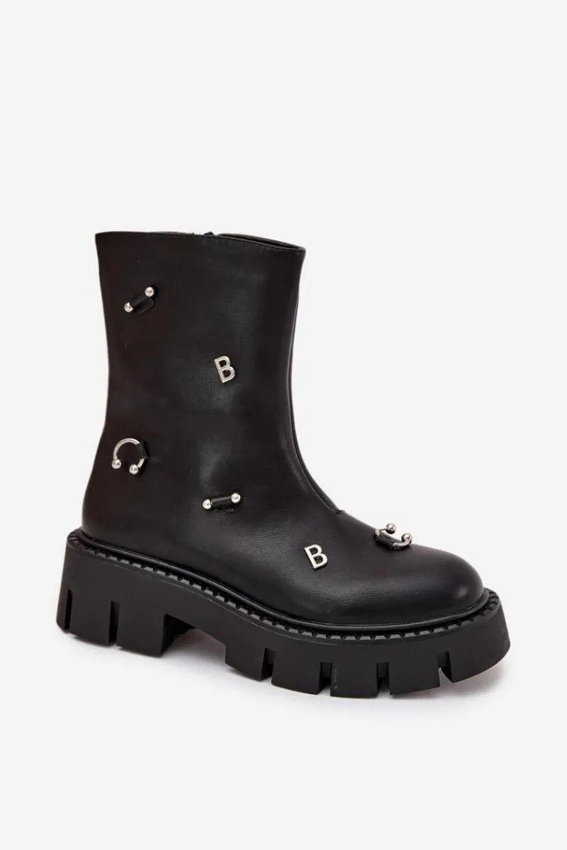 Sale Boto Ocieplane Botki Damskie Na Zamek Z Ozdobami Czarne Thavira