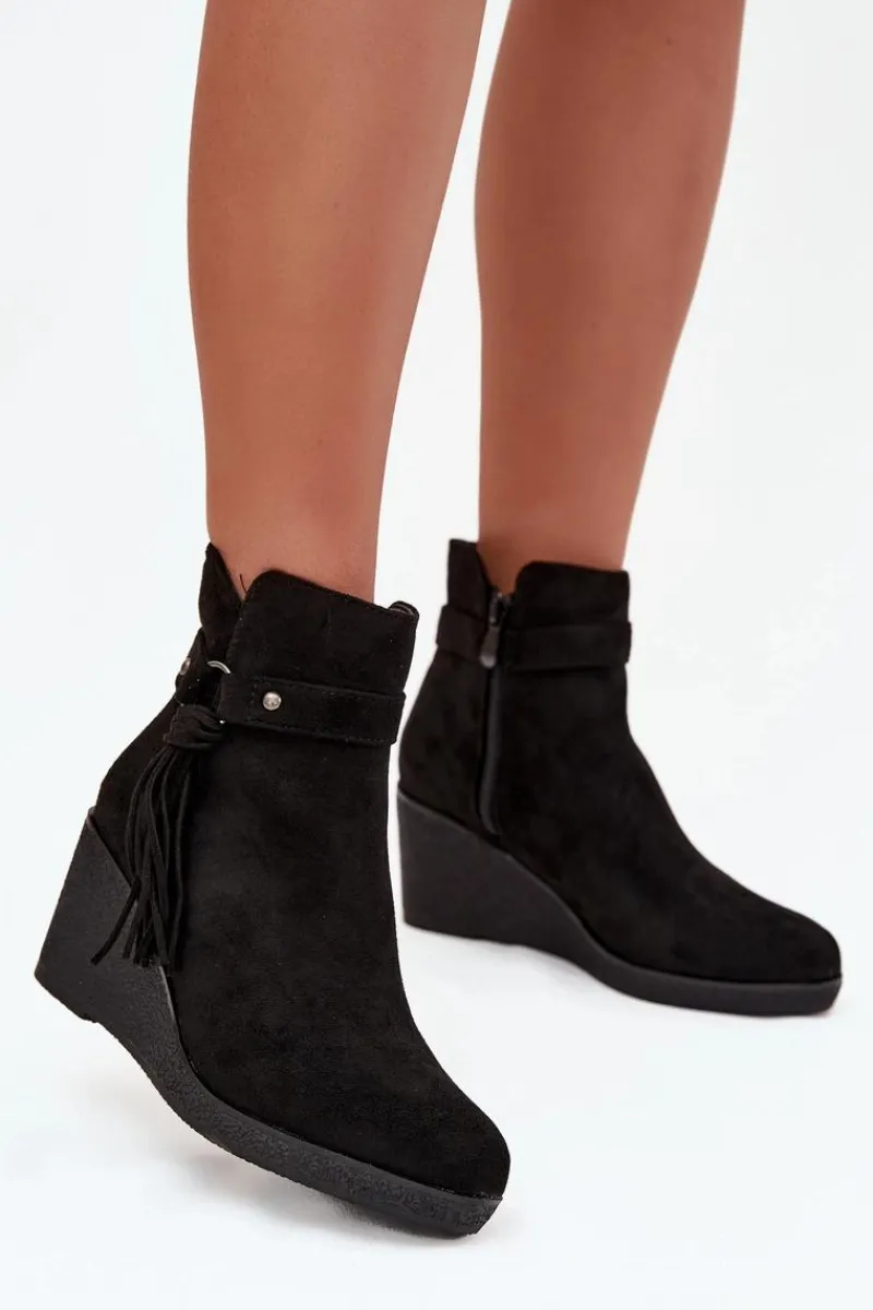 Online Ocieplane Botki Damskie Na Koturnie Z Frędzlami Czarne Olivarae Damskie Botki Ocieplane|Botki Na Koturnie