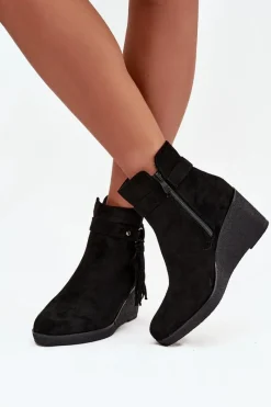 Online Ocieplane Botki Damskie Na Koturnie Z Frędzlami Czarne Olivarae Damskie Botki Ocieplane|Botki Na Koturnie