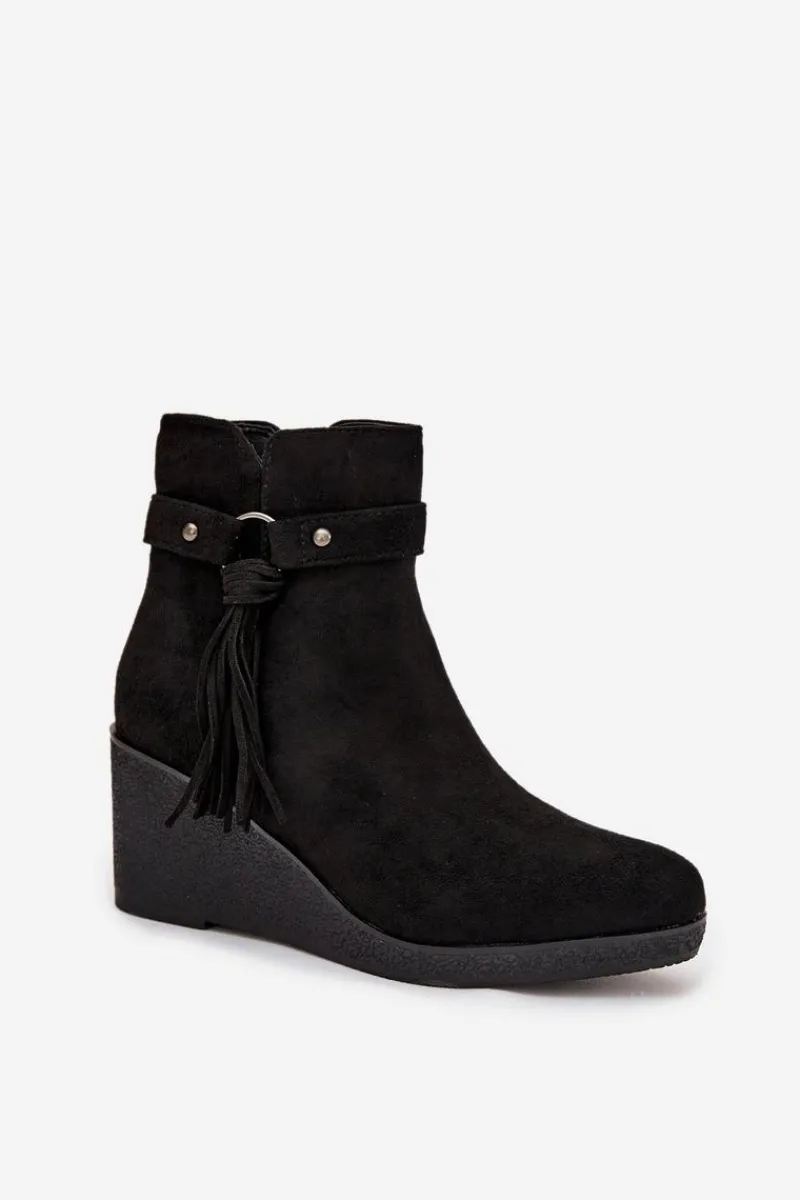 Online Ocieplane Botki Damskie Na Koturnie Z Frędzlami Czarne Olivarae Damskie Botki Ocieplane|Botki Na Koturnie