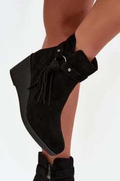 Online Ocieplane Botki Damskie Na Koturnie Z Frędzlami Czarne Olivarae Damskie Botki Ocieplane|Botki Na Koturnie