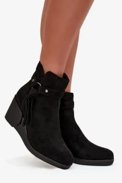 Online Ocieplane Botki Damskie Na Koturnie Z Frędzlami Czarne Olivarae Damskie Botki Ocieplane|Botki Na Koturnie