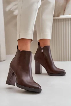 Online Ocieplane Botki Damskie Na Słupku Eko Skórzane Ciemnobrązowe Teresine Damskie Botki Ocieplane|Czarne Botki