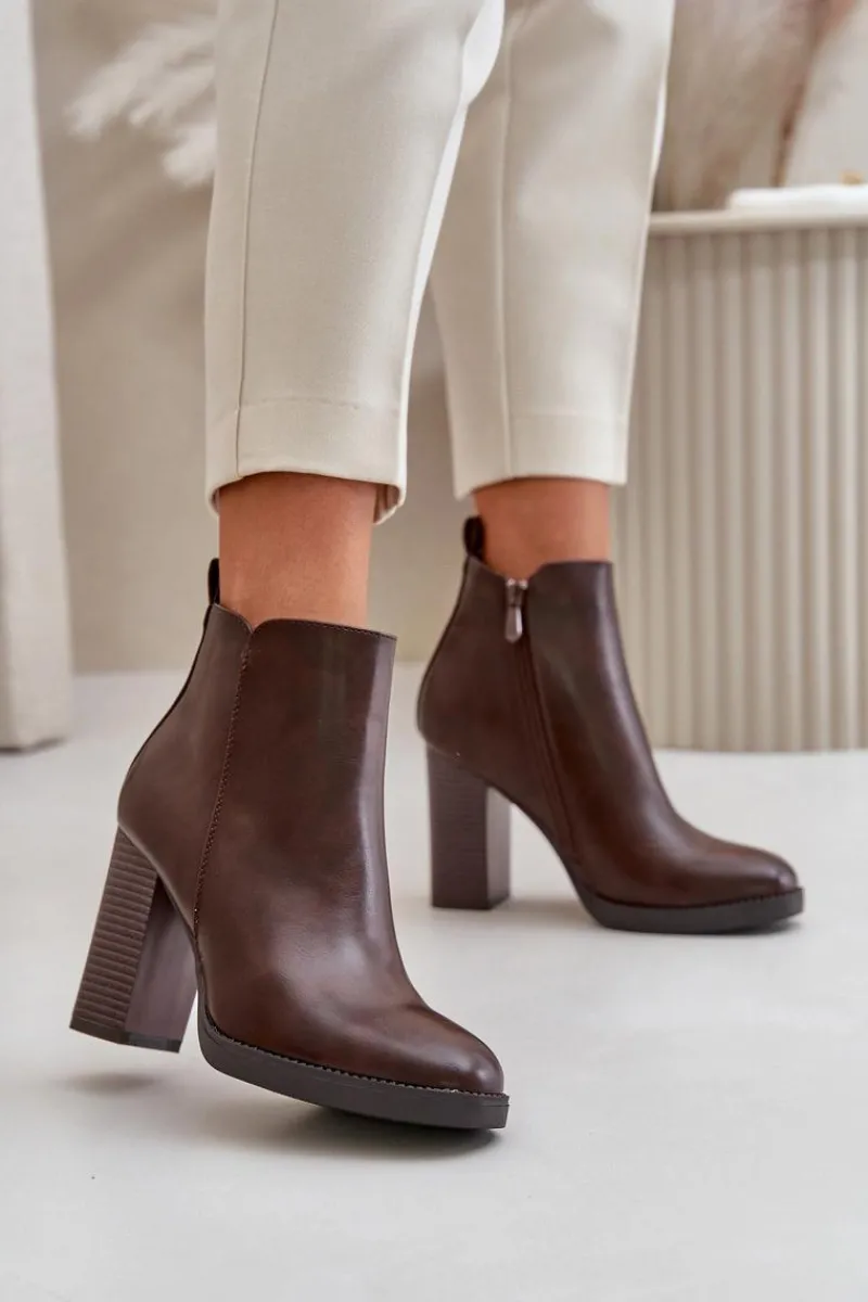 Online Ocieplane Botki Damskie Na Słupku Eko Skórzane Ciemnobrązowe Teresine Damskie Botki Ocieplane|Czarne Botki