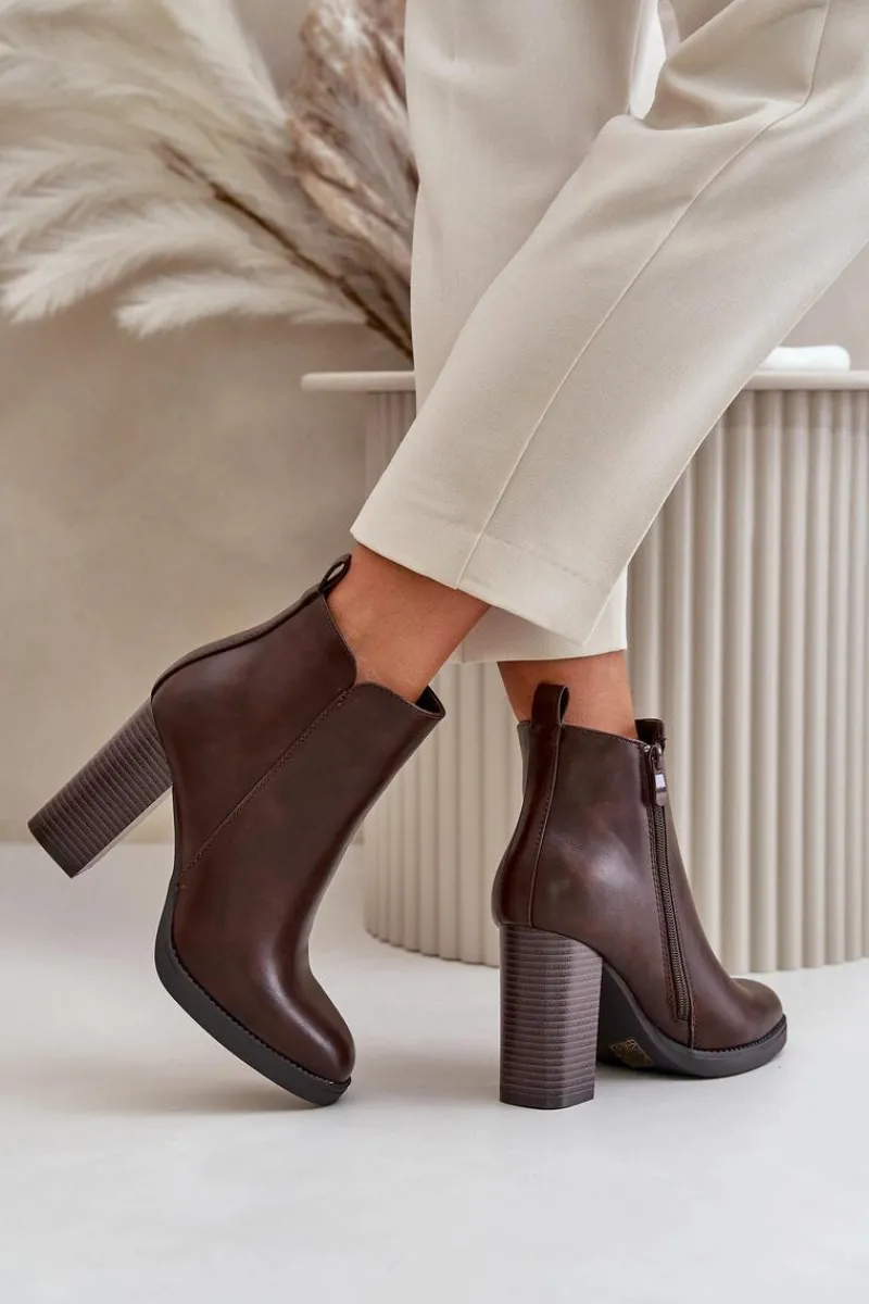 Online Ocieplane Botki Damskie Na Słupku Eko Skórzane Ciemnobrązowe Teresine Damskie Botki Ocieplane|Czarne Botki