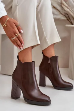 Online Ocieplane Botki Damskie Na Słupku Eko Skórzane Ciemnobrązowe Teresine Damskie Botki Ocieplane|Czarne Botki