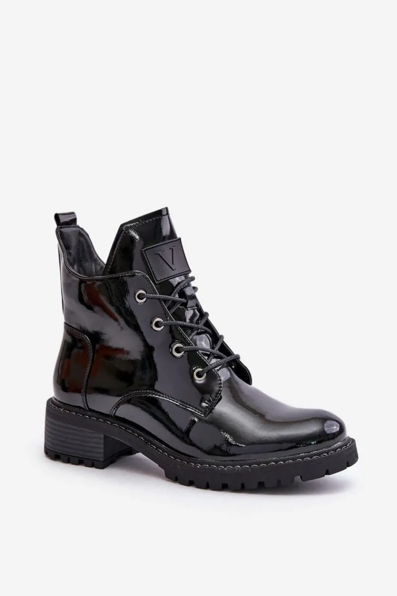 Botki Ocieplane|Botki Sznurowane>Buty damskie Vinceza Ocieplane Botki Damskie Na Niskim Obcasie Lakierowane Vinceza 58136 Czarne