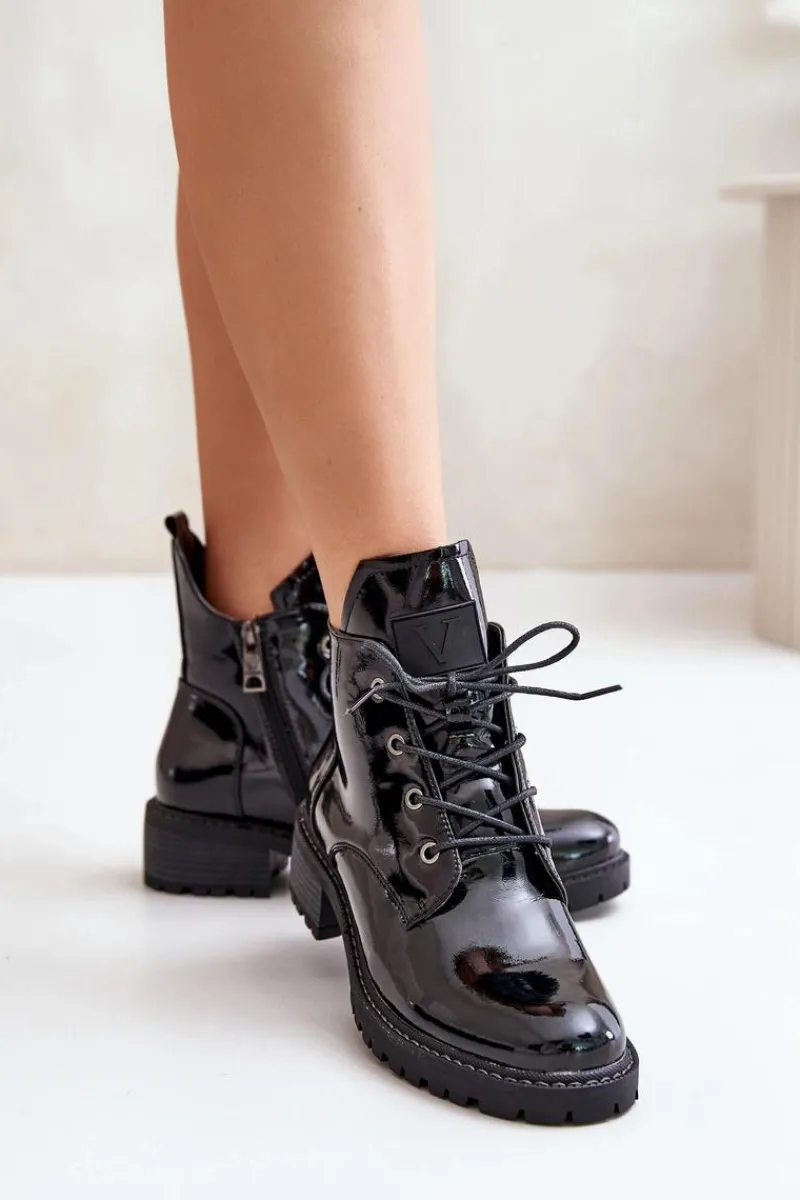 Botki Ocieplane|Botki Sznurowane>Buty damskie Vinceza Ocieplane Botki Damskie Na Niskim Obcasie Lakierowane Vinceza 58136 Czarne