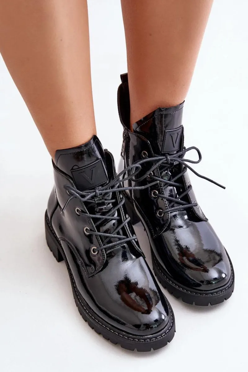 Botki Ocieplane|Botki Sznurowane>Buty damskie Vinceza Ocieplane Botki Damskie Na Niskim Obcasie Lakierowane Vinceza 58136 Czarne