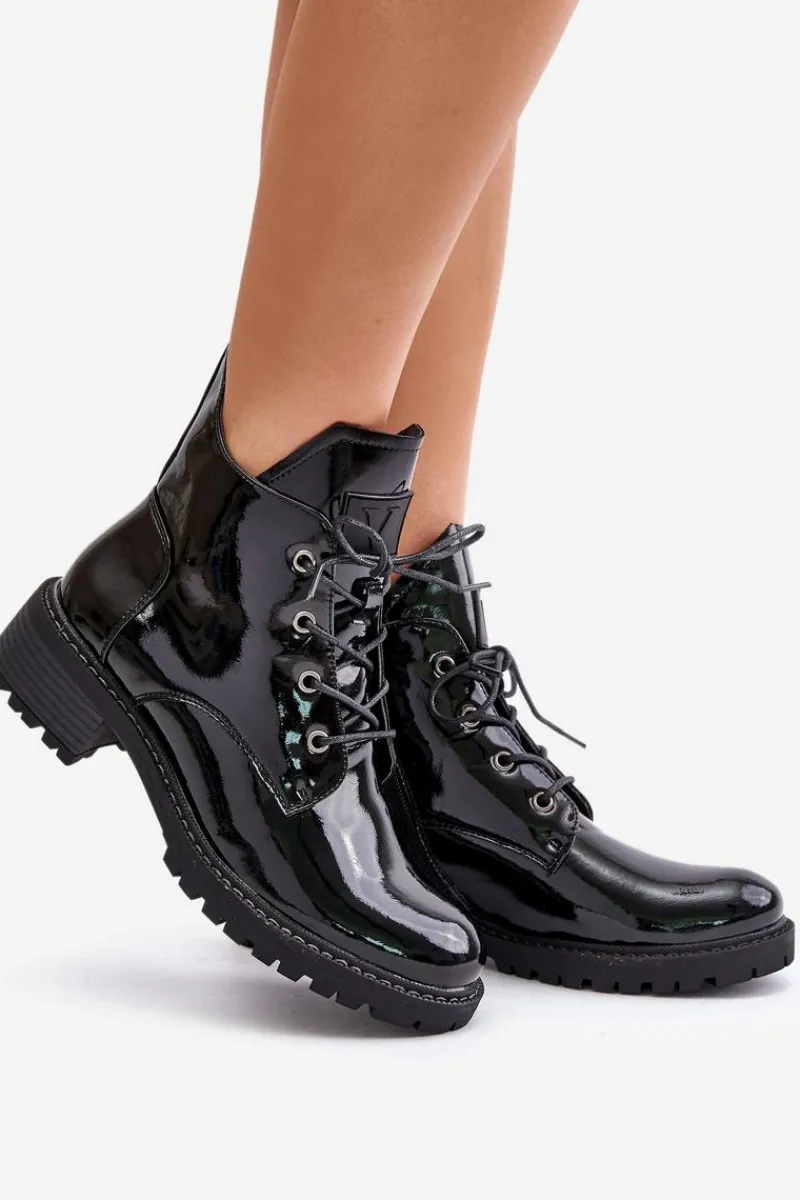 Botki Ocieplane|Botki Sznurowane>Buty damskie Vinceza Ocieplane Botki Damskie Na Niskim Obcasie Lakierowane Vinceza 58136 Czarne