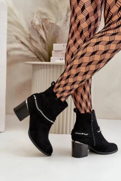 Discount Ocieplane Botki Damskie Na Słupku Z Łańcuszkiem Eko Zamszowe Czarne Hanalen Damskie Botki Ocieplane|Botki Na Słupku