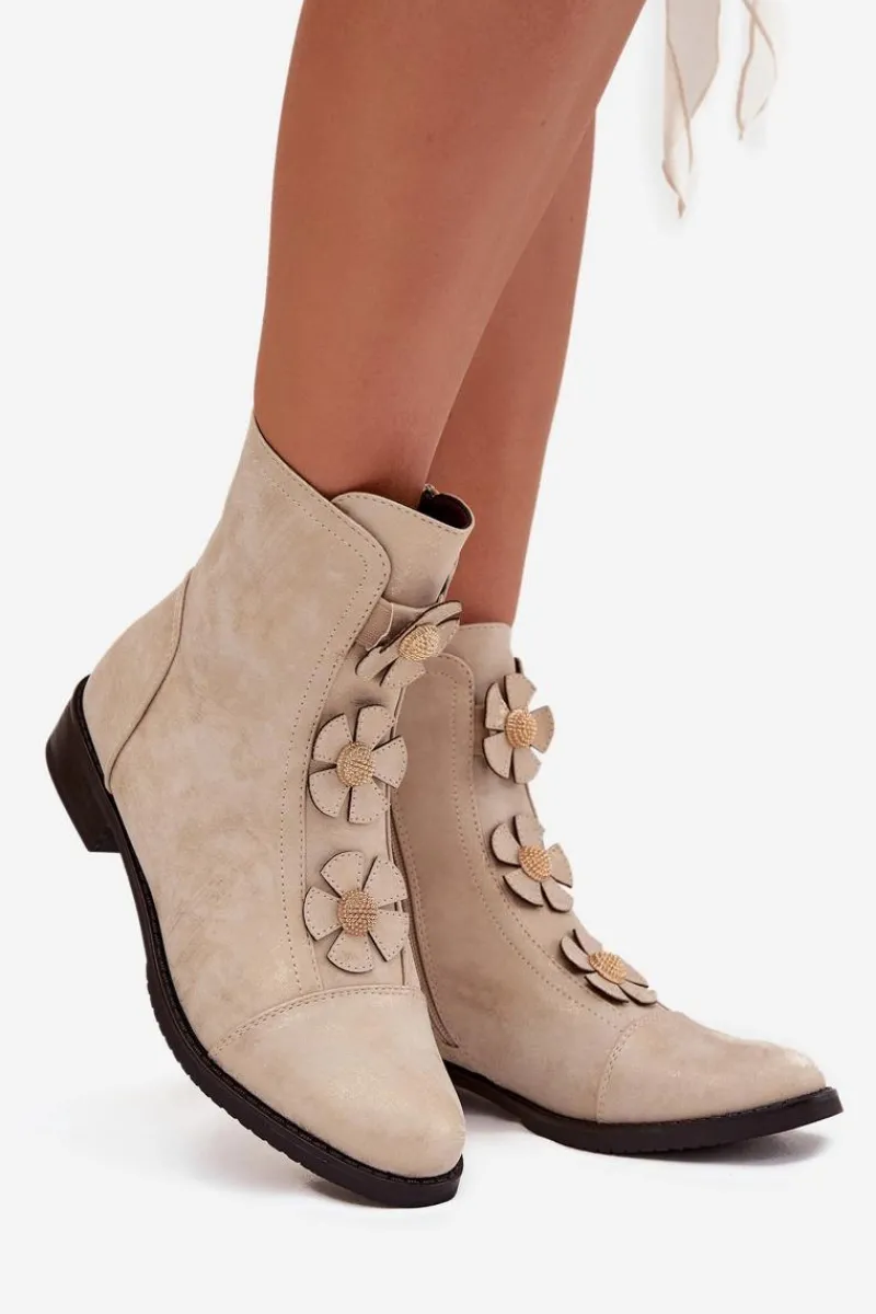 Sale Ocieplane Botki Damskie Na Płaskim Obcasie Z Ozdobnymi Kwiatkami Złote Pravienne Damskie Botki Ocieplane|Czarne Botki