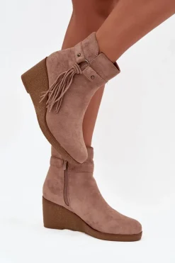 Discount Boto Ocieplane Botki Damskie Na Koturnie Z Frędzlami Beżowe Olivarae Beżowy