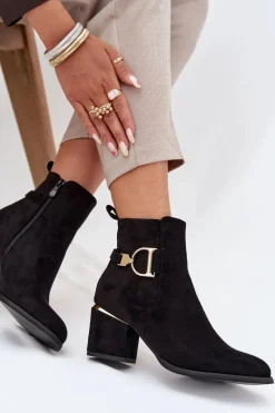 Ocieplane Botki Damskie Na Słupku Ze Złotymi Elementami Czarne Ambrine Damskie Botki Ocieplane|Botki Na Słupku