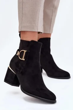 Ocieplane Botki Damskie Na Słupku Ze Złotymi Elementami Czarne Ambrine Damskie Botki Ocieplane|Botki Na Słupku