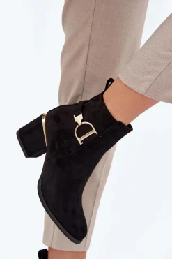 Ocieplane Botki Damskie Na Słupku Ze Złotymi Elementami Czarne Ambrine Damskie Botki Ocieplane|Botki Na Słupku