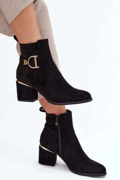 Ocieplane Botki Damskie Na Słupku Ze Złotymi Elementami Czarne Ambrine Damskie Botki Ocieplane|Botki Na Słupku