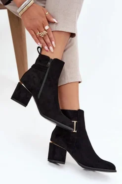 Ocieplane Botki Damskie Na Słupku Ze Złotymi Elementami Czarne Ambrine Damskie Botki Ocieplane|Botki Na Słupku