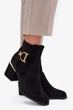 Ocieplane Botki Damskie Na Słupku Ze Złotymi Elementami Czarne Ambrine Damskie Botki Ocieplane|Botki Na Słupku