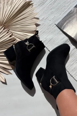 Ocieplane Botki Damskie Na Słupku Ze Złotymi Elementami Czarne Ambrine Damskie Botki Ocieplane|Botki Na Słupku