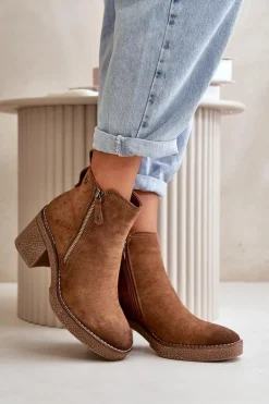 Clearance Ocieplane Botki Damskie Na Słupku Z Eko Zamszu Brązowe Velarilla Damskie Botki Ocieplane|Brązowe I Beżowe Botki