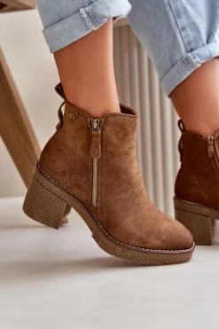 Clearance Ocieplane Botki Damskie Na Słupku Z Eko Zamszu Brązowe Velarilla Damskie Botki Ocieplane|Brązowe I Beżowe Botki