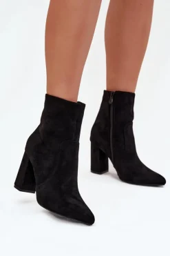 Hot Ocieplane Botki Damskie Na Słupku Z Eko Zamszu Czarne Pralina Damskie Botki Ocieplane|Botki Na Słupku