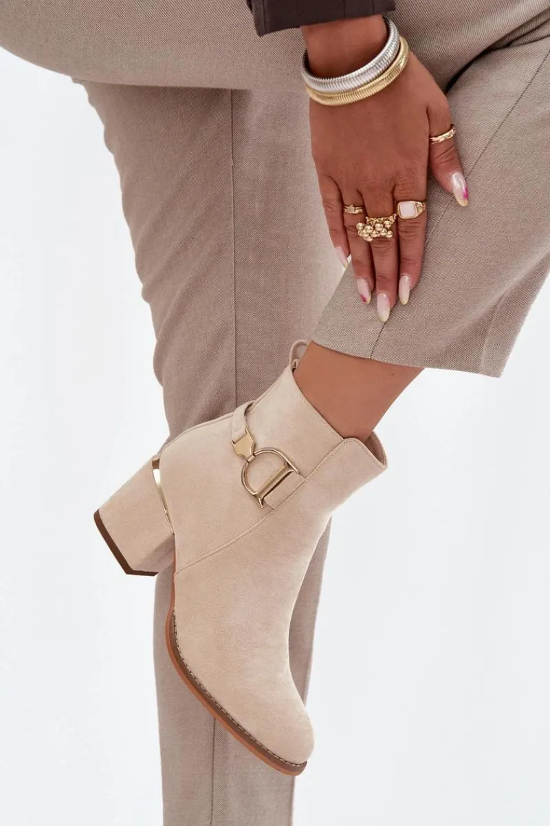 Hot Boto Ocieplane Botki Damskie Na Słupku Ze Złotymi Elementami Jasnobeżowe Ambrine