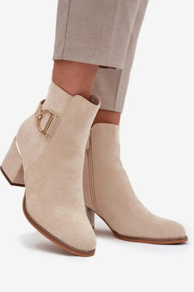 Hot Boto Ocieplane Botki Damskie Na Słupku Ze Złotymi Elementami Jasnobeżowe Ambrine