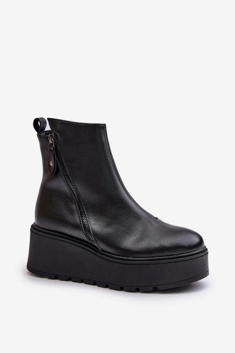 Buty damskie Vinceza Ocieplane Botki Damskie Na Koturnie I Platformie Skóra Naturalna Czarne Vinceza 58340