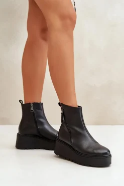 Buty damskie Vinceza Ocieplane Botki Damskie Na Koturnie I Platformie Skóra Naturalna Czarne Vinceza 58340