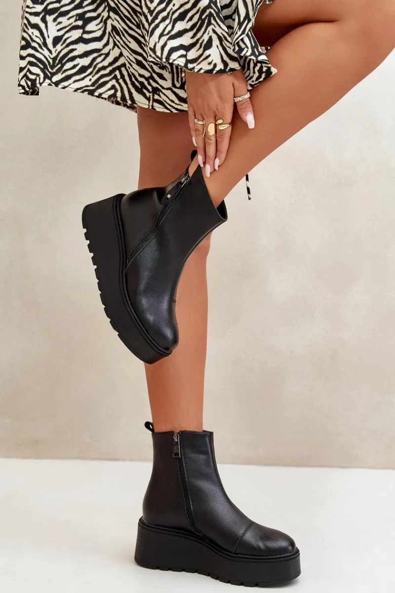 Buty damskie Vinceza Ocieplane Botki Damskie Na Koturnie I Platformie Skóra Naturalna Czarne Vinceza 58340