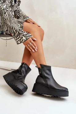 Buty damskie Vinceza Ocieplane Botki Damskie Na Koturnie I Platformie Skóra Naturalna Czarne Vinceza 58340