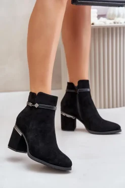 Sale Ocieplane Botki Damskie Na Słupku Z Ozdobnym Paskiem Vinceza 16446 Czarne Damskie Botki Ocieplane|Brązowe I Beżowe Botki