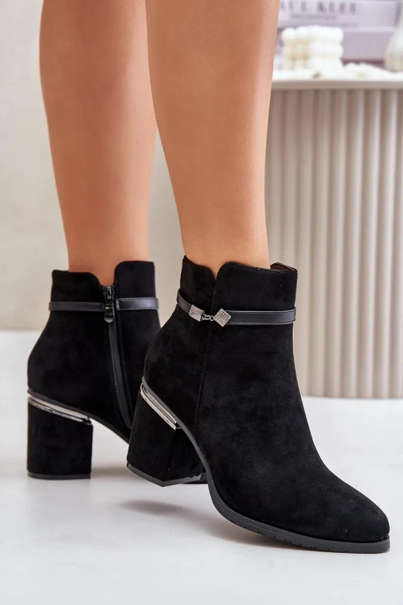 Sale Ocieplane Botki Damskie Na Słupku Z Ozdobnym Paskiem Vinceza 16446 Czarne Damskie Botki Ocieplane|Brązowe I Beżowe Botki