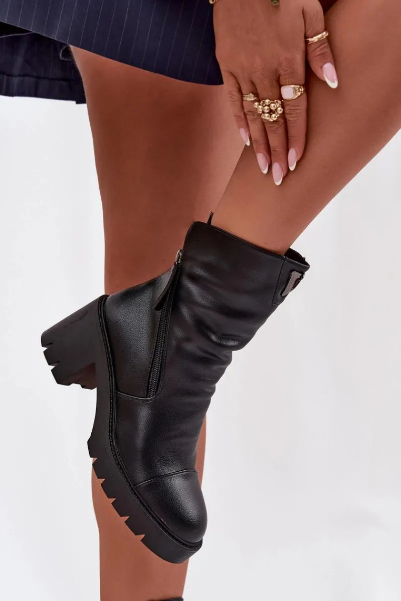 Discount Ocieplane Botki Damskie Na Masywnym Obcasie Z Podwójnym Zamkiem Vinceza 58605 Czarne Damskie Botki Ocieplane|Botki Skórzane