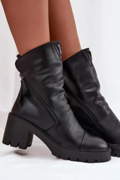 Discount Ocieplane Botki Damskie Na Masywnym Obcasie Z Podwójnym Zamkiem Vinceza 58605 Czarne Damskie Botki Ocieplane|Botki Skórzane