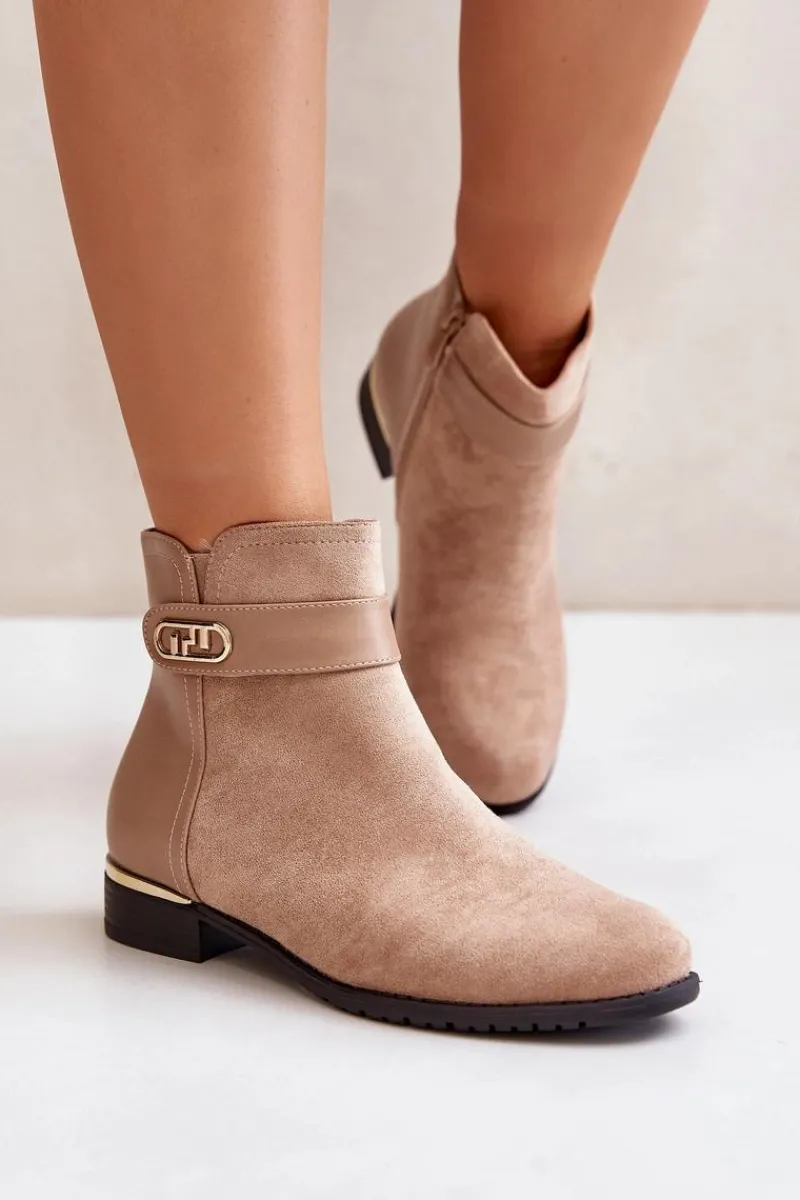 Ocieplane Botki Damskie Na Płaskim Obcasie Ze Złotym Detalem Beżowe Ravasira Damskie Brązowe I Beżowe Botki|Botki Płaskie