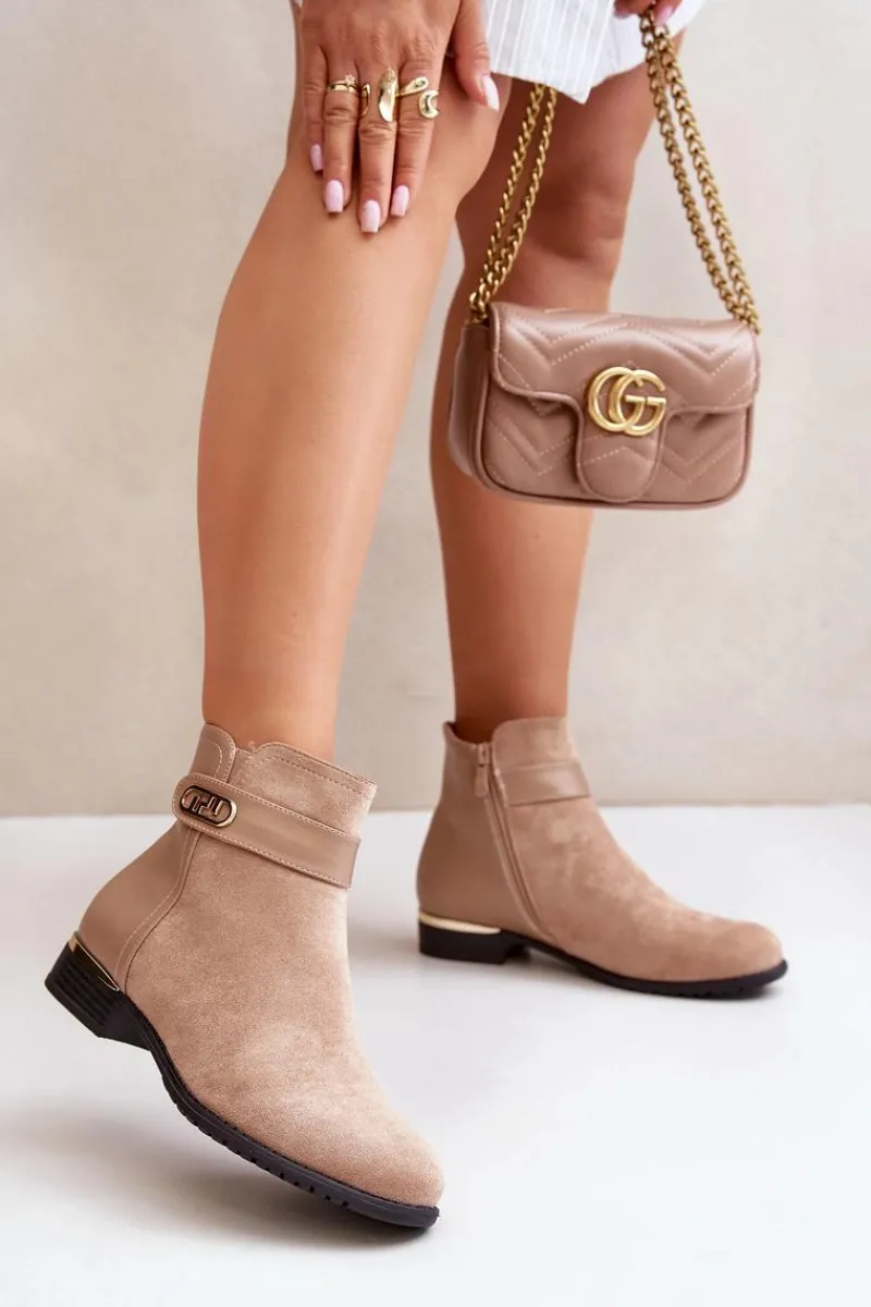 Ocieplane Botki Damskie Na Płaskim Obcasie Ze Złotym Detalem Beżowe Ravasira Damskie Brązowe I Beżowe Botki|Botki Płaskie