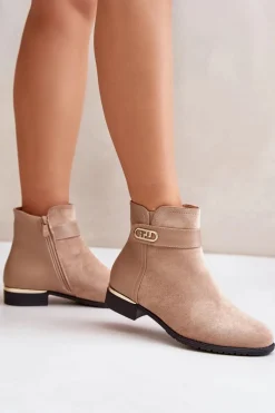 Ocieplane Botki Damskie Na Płaskim Obcasie Ze Złotym Detalem Beżowe Ravasira Damskie Brązowe I Beżowe Botki|Botki Płaskie