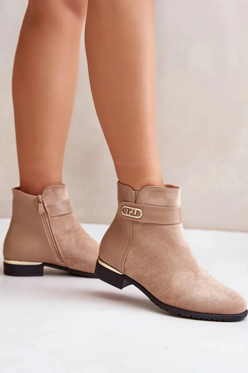Ocieplane Botki Damskie Na Płaskim Obcasie Ze Złotym Detalem Beżowe Ravasira Damskie Brązowe I Beżowe Botki|Botki Płaskie