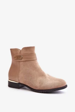 Ocieplane Botki Damskie Na Płaskim Obcasie Ze Złotym Detalem Beżowe Ravasira Damskie Brązowe I Beżowe Botki|Botki Płaskie