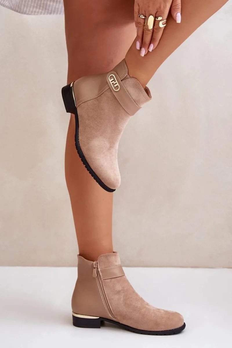 Ocieplane Botki Damskie Na Płaskim Obcasie Ze Złotym Detalem Beżowe Ravasira Damskie Brązowe I Beżowe Botki|Botki Płaskie