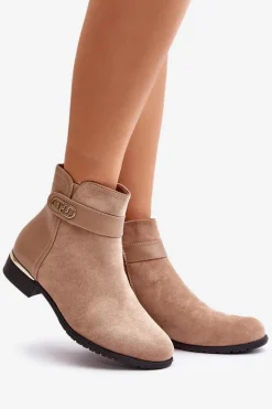 Ocieplane Botki Damskie Na Płaskim Obcasie Ze Złotym Detalem Beżowe Ravasira Damskie Brązowe I Beżowe Botki|Botki Płaskie