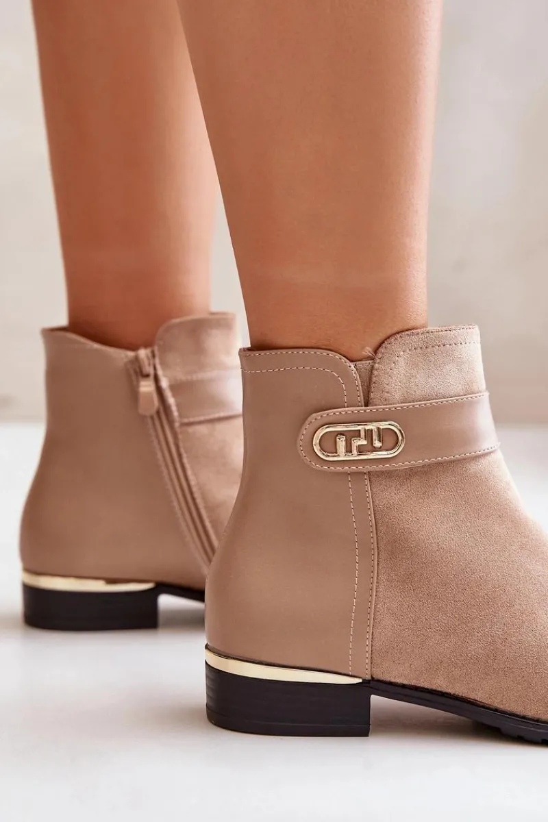 Ocieplane Botki Damskie Na Płaskim Obcasie Ze Złotym Detalem Beżowe Ravasira Damskie Brązowe I Beżowe Botki|Botki Płaskie