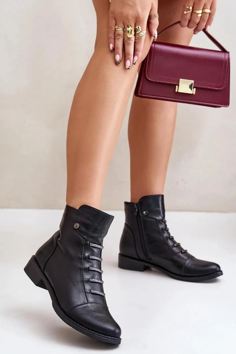 Outlet Ocieplane Botki Damskie Na Płaskim Obcasie Czarne Labise Damskie Botki Ocieplane|Czarne Botki