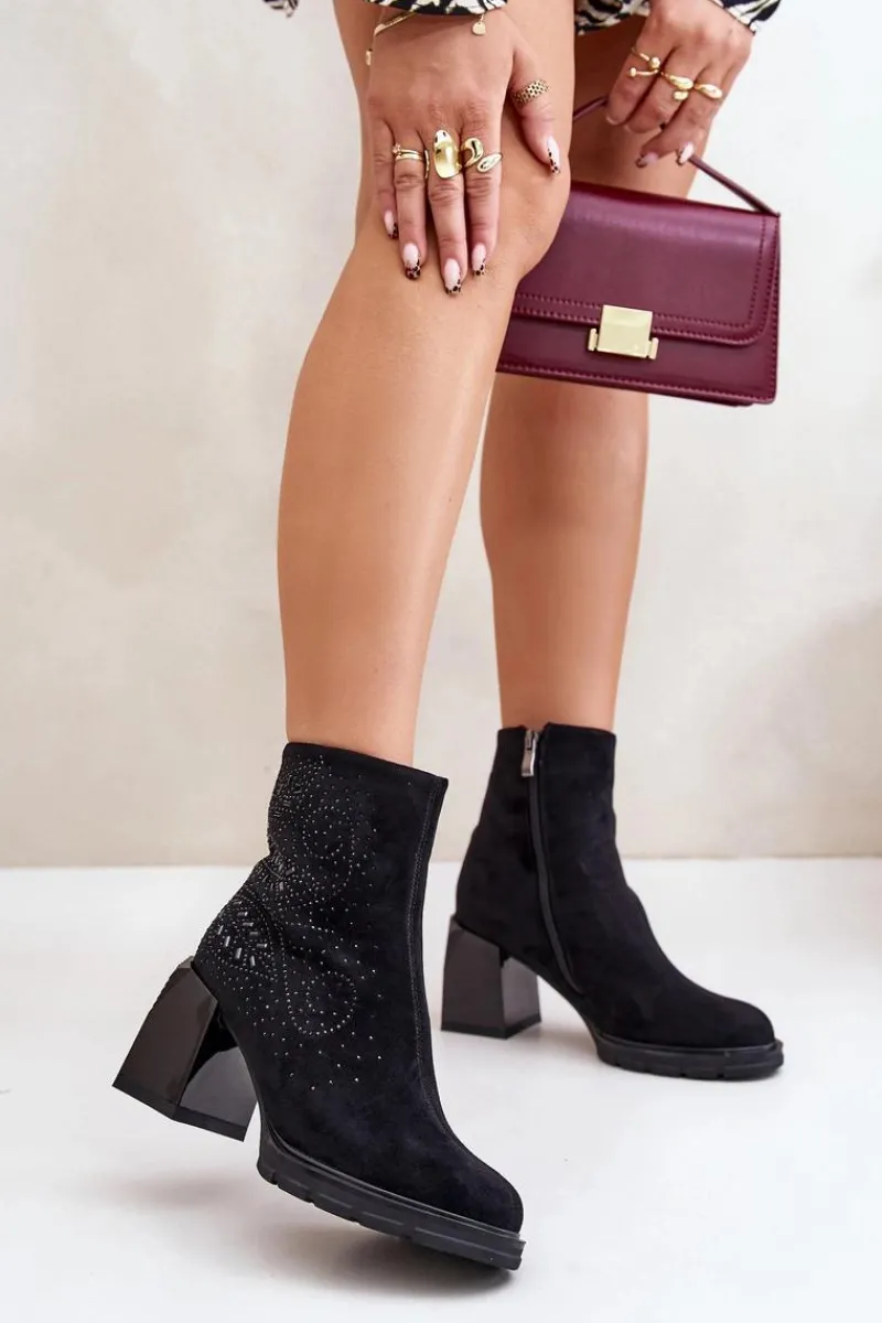 Botki Ocieplane|Botki Na Obcasie>Damskie buty S.Barski Ocieplane Botki Damskie Na Słupku Ze Zdobieniem D&A MR880-130 Czarne