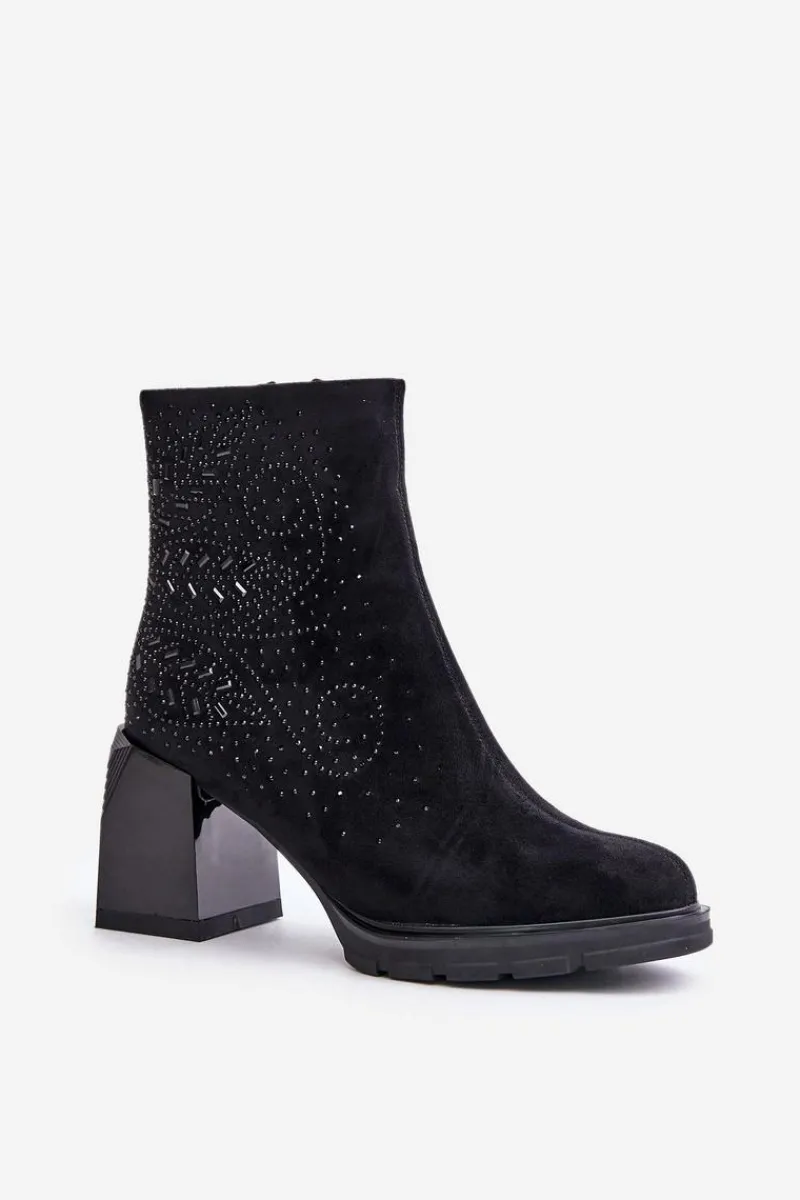 Botki Ocieplane|Botki Na Obcasie>Damskie buty S.Barski Ocieplane Botki Damskie Na Słupku Ze Zdobieniem D&A MR880-130 Czarne